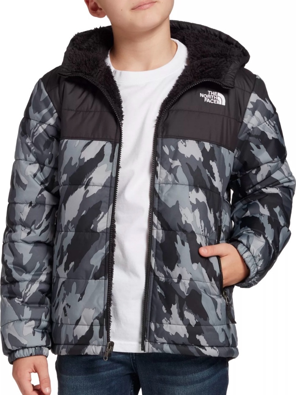 The North Face Reversible Boys' Gray & Black Camo Hooded Puffer Jacket